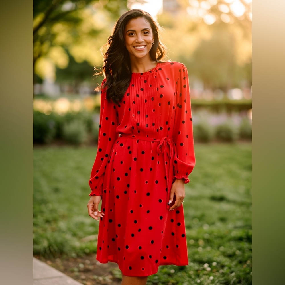 Seraphine Red Polka Dot Midi Dress | Maternity Friendly Tie Waist | US 12